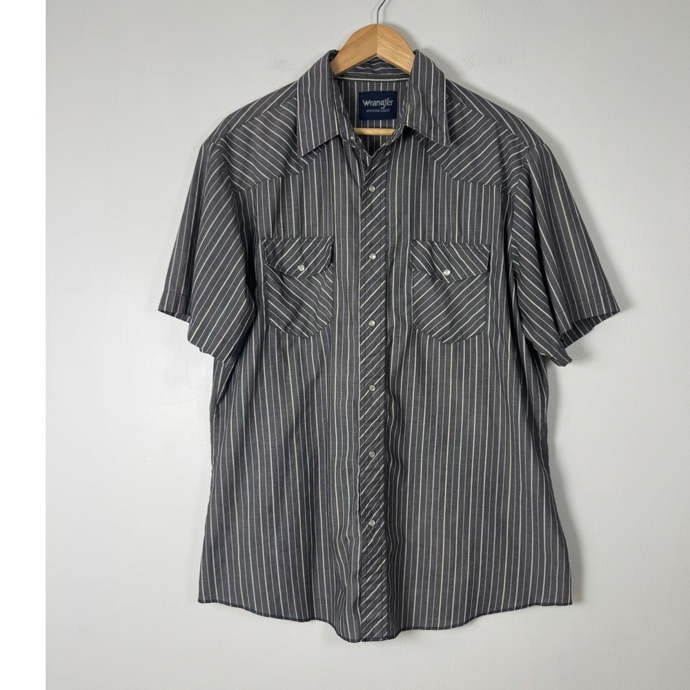 Vintage Western Cowboy Wrangler Mens XL Snap Front Pinstripe Grey Shirt